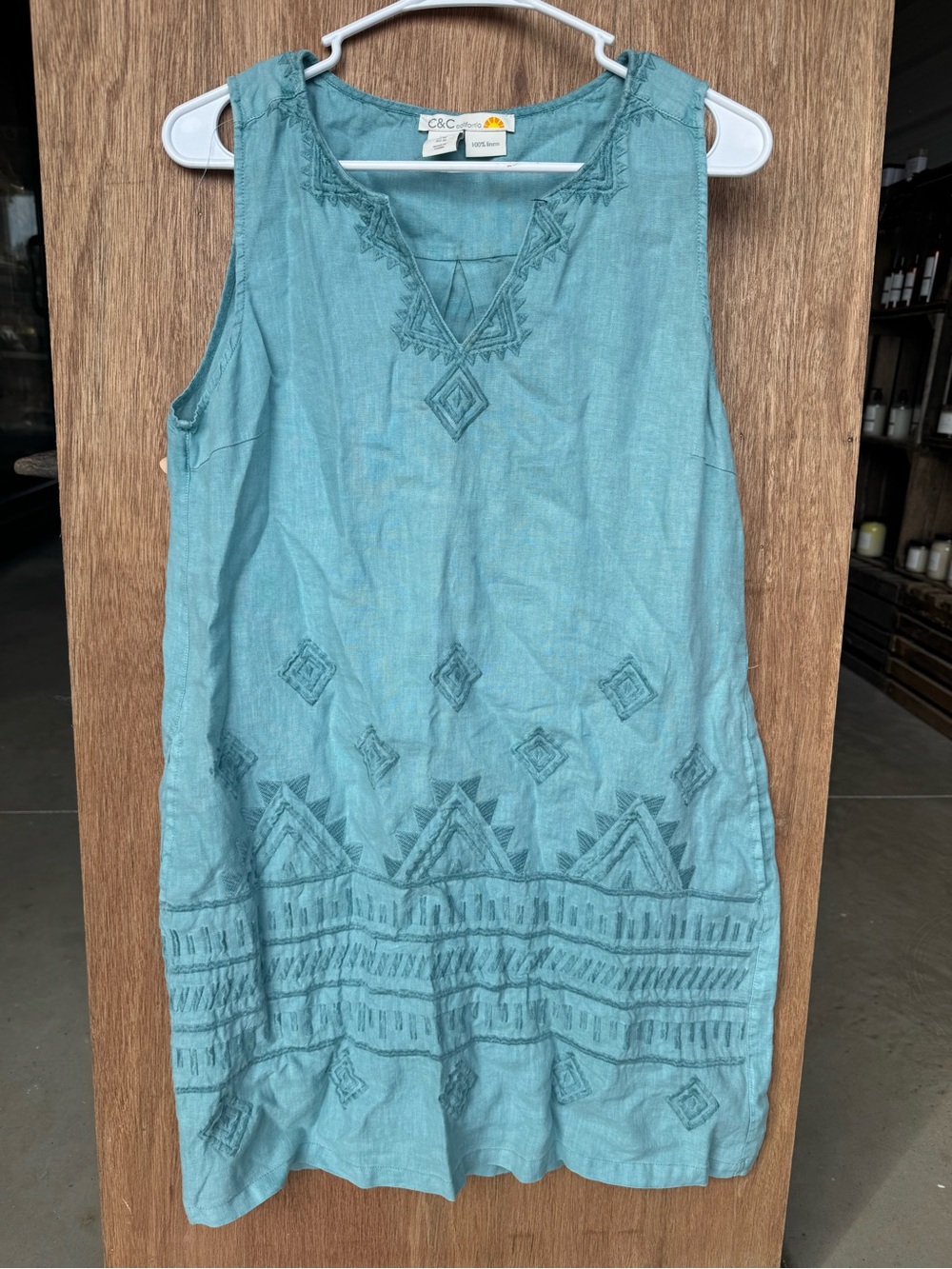 C&C California 100% Linen Embroidered Aztec Teal Sleeveless Dress